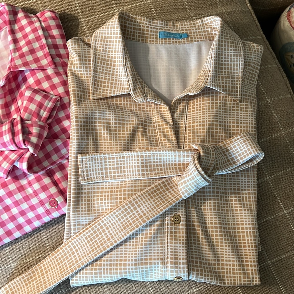 J. McLaughlin (2 dresses) Pink Gingham & Tan Check Shirt Dresses - Picture 10 of 10